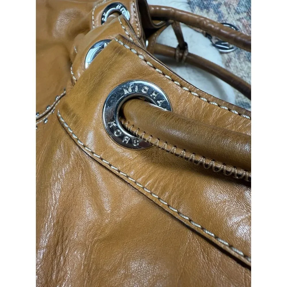 Michael Kors Brown Leather Purse Astor Studded Tote Hobo Western Cowgirl Bag‎